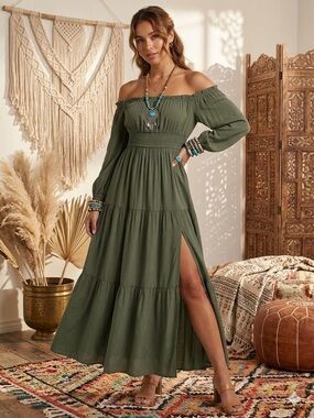 Zesica Olive Green Smocked Off-Shoulder Tiered Maxi Dress S Boho Slit